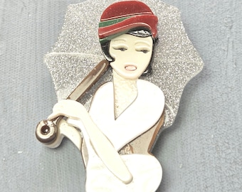 c.1990s Plastic Art Deco Lady Brooch, Glittery Silver Lucite Large Statement Piece
