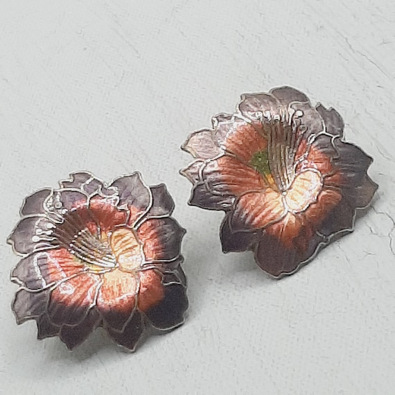 c.1980s Cloisonne Flower Earrings... Lilac Pink E… - image 1