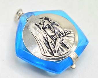 Miniature Vintage Rosary Holder, Turquoise Czech Glass Virgin Mary Made in Czechoslovakia