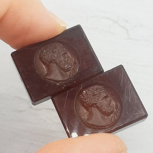 2x Antique Brown Glass Intaglio... For Swivel Fobs... Repair repurpose... Part Drilled... Classical Male Head... Roman Intaglio