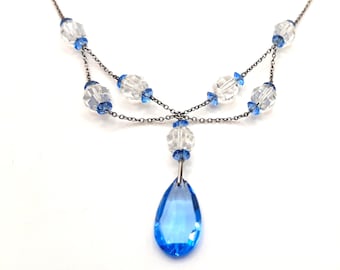 Blue Glass Deco Necklace... Bright Drop... Darkened Chain Swags... Clear Faceted Beads... c.1930s