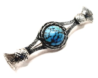 Vintage Scottish Thistle Brooch... Turquoise Matrix Glass... c.1970s Bar Brooch