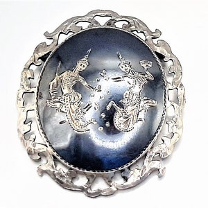 Siam Sterling Niello Brooch... Black & Silver Mekkalah... Dancing Goddess... c.1940s Thai... Handmade Oval Brooch