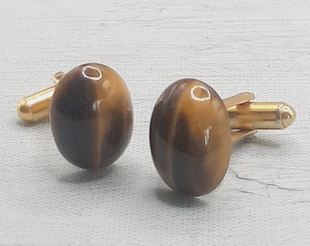 c.1970s Tiger's Eye Cufflinks... Hinged Goldtone Metal... Real Stone Oval Cabochon... Brown-Gold