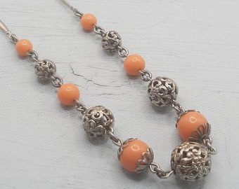 Coral-Orange & Silver Filigree Necklace... 1930s Art Deco... Jakob Bengel