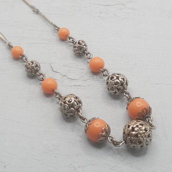 Coral-Orange & Silver Filigree Necklace... 1930s … - image 1