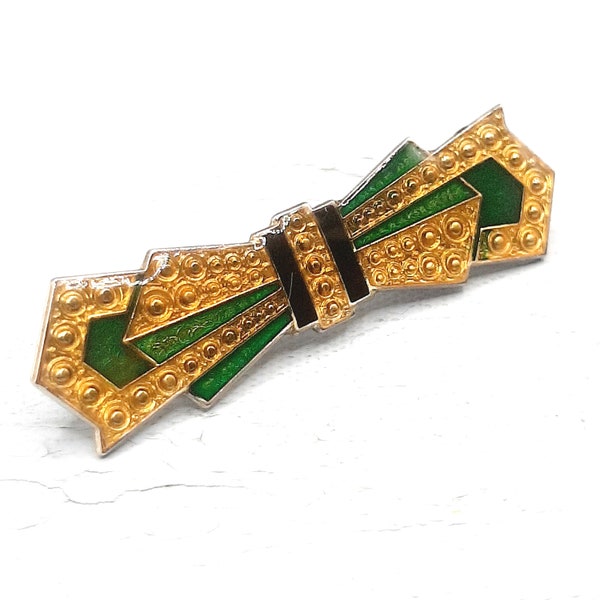 c.1980s Pierre Bex Style Brooch... Art Deco... Green Black Gold Bow