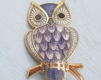 Vintage Cloisonne Enamel Owl Brooch... Lilac Enamel... 'Celtic Lands' By Sea Gems... Original Box