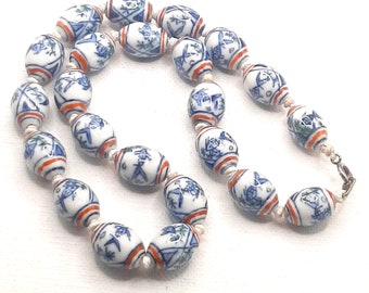 c.1970s Chinese Ceramic Bead Necklace... knotted Oval Beads... Hand Painted Fish... Blue White Red Green