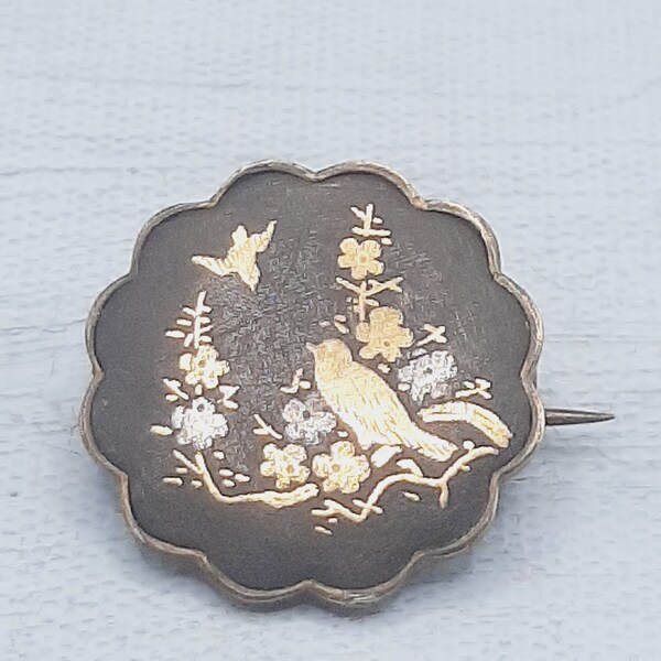 Signed Japanese Damascene Brooch... Tiny 'Lace Pin'... Black Gold Silver Inlay... Lovely Quality... Bird on a Branch