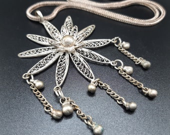 Chunky Filigree Flower Pendant... Tassle Drops... Long Fancy Chain... Boh o Necklace... Ethnic Style... Dark Silver