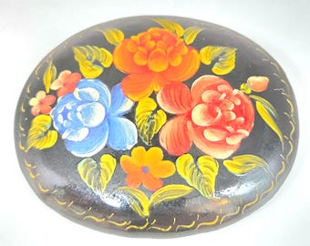 Vintage Russian Lacquer Brooch: Multi Colour Flowers, Hand Painted,  Russia Folk Art