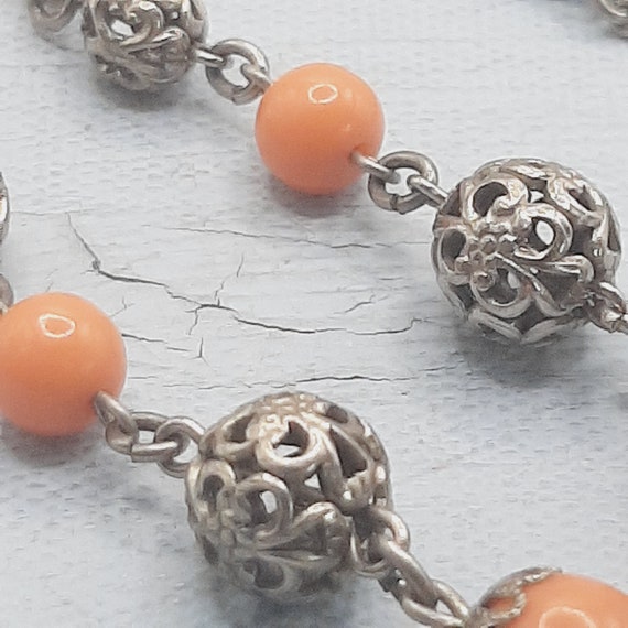 Coral-Orange & Silver Filigree Necklace... 1930s … - image 5