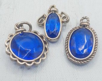 3x Vintage Glass Pendant Fobs... Cobalt Blue Glass... c.1920s... For Repurpose