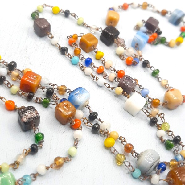 Muti-Colour Flapper Necklace... Wired End of Day Glass... Bright Speckled Cube Beads