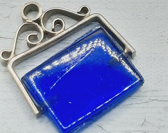 Antique Spinner Fob Pendant... Cobalt Blue Glass Swivel Fob... Silvertone Metal... Twisted Frame