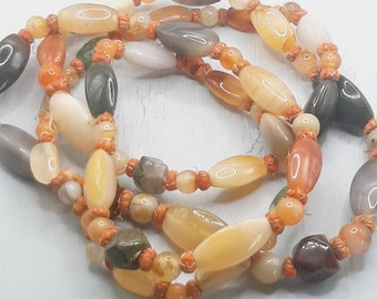 Long Polished Agate Bead Necklace... Scottish Earth Tone Stones... Knotted on Orange Gold... Chunky 133cm