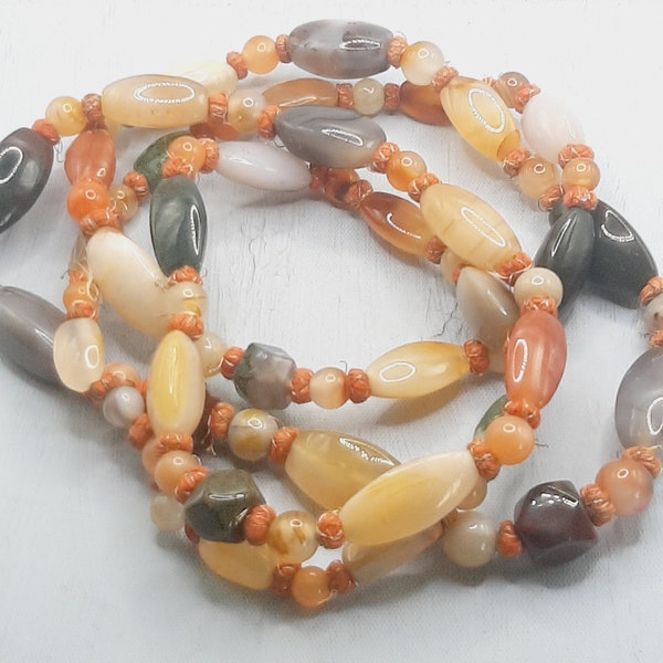 Long Polished Agate Bead Necklace... Scottish Earth Tone Stones... Knotted on Orange Gold... Chunky 133cm