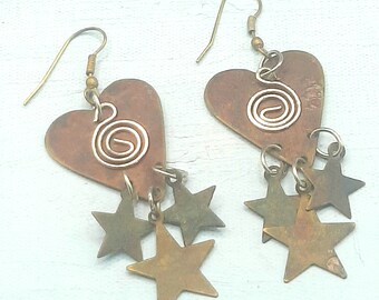 c.1990s Mixed Metal Earrings... Hearts Stars Swirls... Fun Dangle Earrings