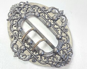 Antique Ornate Openwork Buckle, Curved 2-Prong Chape Dark Silvertone Rococo