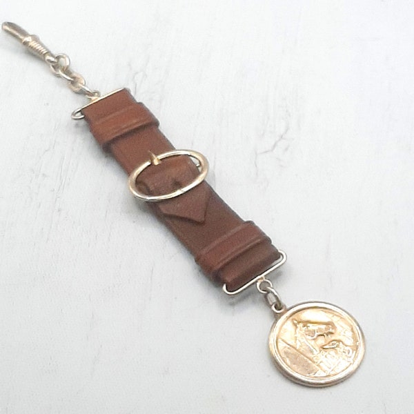 Antique Leather Strap Fob... Old Watch... Chrome Equestrian Pendant... Buckle Motif... Brown Leather... Dog & Horse