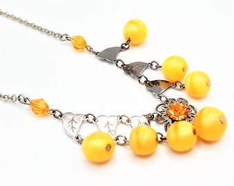 c.1930s Yellow Satin Glass Necklace... Bead Dangles... Chrome & Filigree... Flower and Leaf