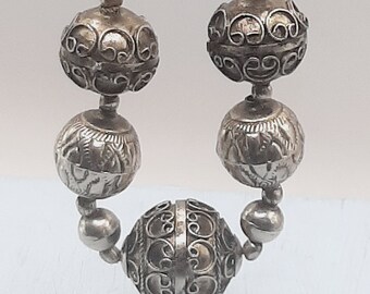 c.1980s 'Ethnic' Style Metal Necklace... Chunky Filigree Beads... Dark Silvertone Metal