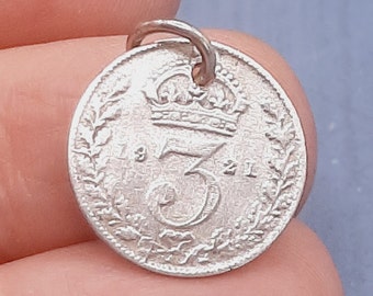 Antique 1921 Coin Charm... George V 3d Three Pence Fob... Real Silver