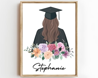 Personalized Graduation Print | Custom Graduate Portrait | Floral Cap and Gown Wall Art | Graduation Wall Art