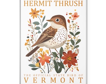 Impresión de pájaro del estado de Vermont: Zorzal ermitaño, arte mural, póster rústico de pájaro de granja, ilustración vintage de naturaleza, decoración botánica estilo cottagecore