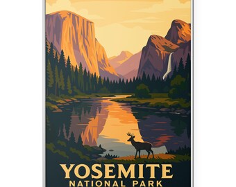 May include: A framed art print featuring a stylized landscape of Yosemite National Park. The artwork depicts a river reflecting the sunset, with mountains, trees, and a deer silhouette. Text at the bottom reads "YOSEMITE NATIONAL PARK CALIFORNIA - USA."