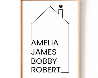 Puede incluir: Un estampado enmarcado con un contorno minimalista de una casa y un corazón encima de la chimenea. Los nombres "AMELIA JAMES BOBBY ROBERT" están impresos en negrita, en negro, debajo de la ilustración de la casa. El marco es de color madera clara.