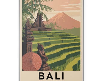 May include: A vintage travel poster featuring a scenic view of Bali, Indonesia. The artwork depicts terraced rice fields, a temple, a statue, and a volcano under a sunset sky. A red parasol is in the foreground, with the word "BALI" at the bottom.