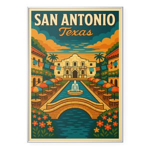 May include: A framed vintage travel poster for San Antonio, Texas. The illustration features the Alamo, a bridge over a water feature, and colorful umbrellas. The sky is a gradient of orange and blue, with the text "SAN ANTONIO Texas" at the top.