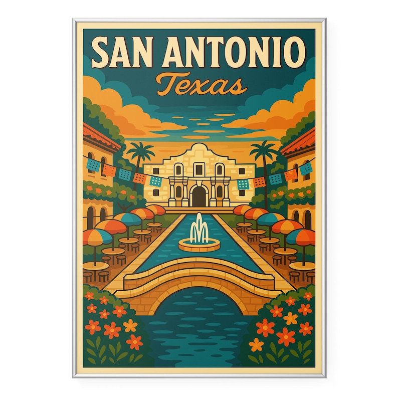 May include: A framed vintage travel poster for San Antonio, Texas. The illustration features the Alamo, a bridge over a water feature, and colorful umbrellas. The sky is a gradient of orange and blue, with the text "SAN ANTONIO Texas" at the top.