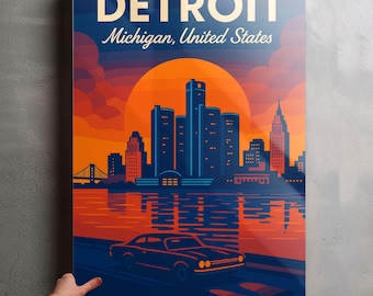 Detroit Michigan Photo, Glossy Aluminium Metal Photo Panel Home Office Decor Wall Art