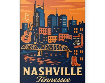 May include: A framed poster featuring a stylized Nashville, Tennessee skyline. The design includes a guitar, cowboy boots, a bridge, and the words "Nashville Tennessee" in a vintage travel poster style. The color palette includes orange, blue, and brown.