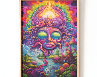Psychedelische Fantasy Wall Art Print | Trippy surrealistisch landschapsposter | Kleurrijk decor | Moderne inrichting | Psychedelische muurkunst