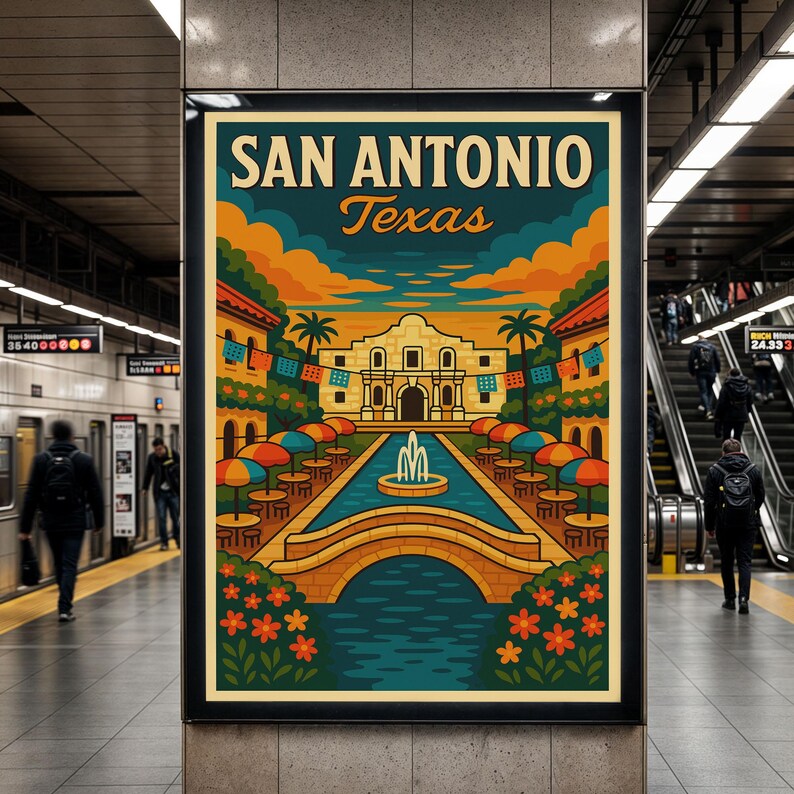May include: A framed poster featuring a colorful illustration of San Antonio, Texas. The artwork depicts the Alamo, a river walk with umbrellas, and the text "San Antonio Texas" in a vintage style. The poster is displayed in a subway station.