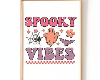 Spooky Vibes Halloween Wall Art | Retro Ghost Poster | Groovy Pastel Halloween Decor | Halloween Wall Art