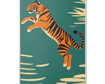 Impresión artística de pared de tigre saltando, póster de animales de safari, ilustración de grandes felinos de la selva, arte de vida silvestre dinámico, decoración del hogar para amantes de los tigres
