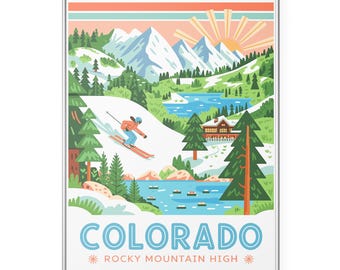Colorado Travel Poster Rocky Mountain High Wall Art, Colorado Ski Print, Retro USA State Poster, Mountain Lodge Wall Decor