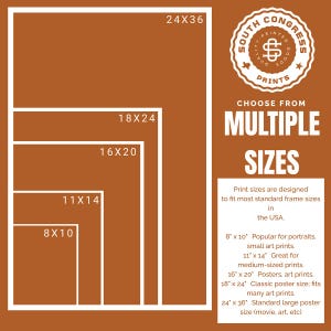 May include: An image with a brown background features white-bordered rectangles indicating various print sizes, including 8x10, 11x14, 16x20, 18x24, and 24x36 inches. Text on the right side advertises multiple sizes for prints, suitable for portraits, art prints, and posters.