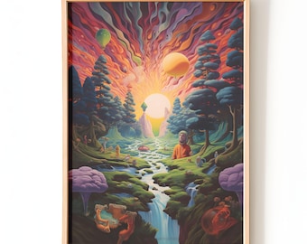 Impresión de arte de pared con amanecer en el bosque psicodélico / Póster de paisaje surrealista / Decoración de naturaleza psicodélica / Arte de pared impreso para el hogar y el estudio