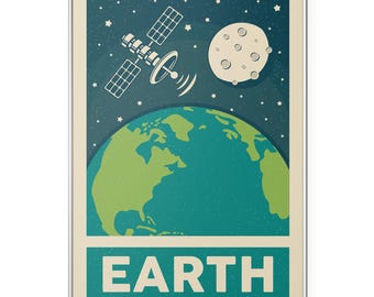 Póster retro espacial de la Tierra, arte mural astronómico vintage, impresión del sistema solar moderno de mediados de siglo, póster retro de planetas de ciencia ficción, arte espacial de la Tierra