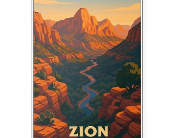 May include: A framed art print of Zion National Park. The landscape features a winding river through a canyon, with towering red rock formations and a warm sunset sky. The words "ZION NATIONAL PARK" are at the bottom.