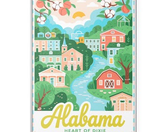 Póster de viaje de Alabama, impresión de arte mural de Heart of Dixie, decoración del estado de Alabama, póster de viaje retro de EE. UU., arte mural de Alabama, decoración de viaje de Alabama
