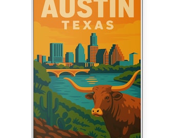 Austin Texas Longhorn Poster, Austin Texas Skyline Poster Print, Austin TX Wall Art | Modern | Office | Home