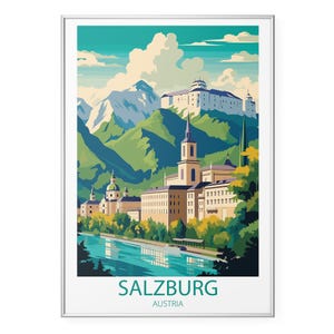 May include: A framed art print depicting Salzburg, Austria. The illustration shows a river, buildings, and mountains in green, blue, and beige. The text "SALZBURG AUSTRIA" is at the bottom of the print.