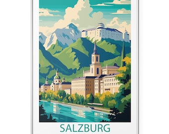 affiche de voyage de Salzbourg Autriche | Art mural européen vintage | Affiche rétro de ville alpine | Décoration d'intérieur architecture autrichienne